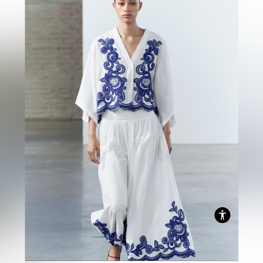 Zara ZW Collection 2 pc Set Embroidered Top & Midi Skirt NWT